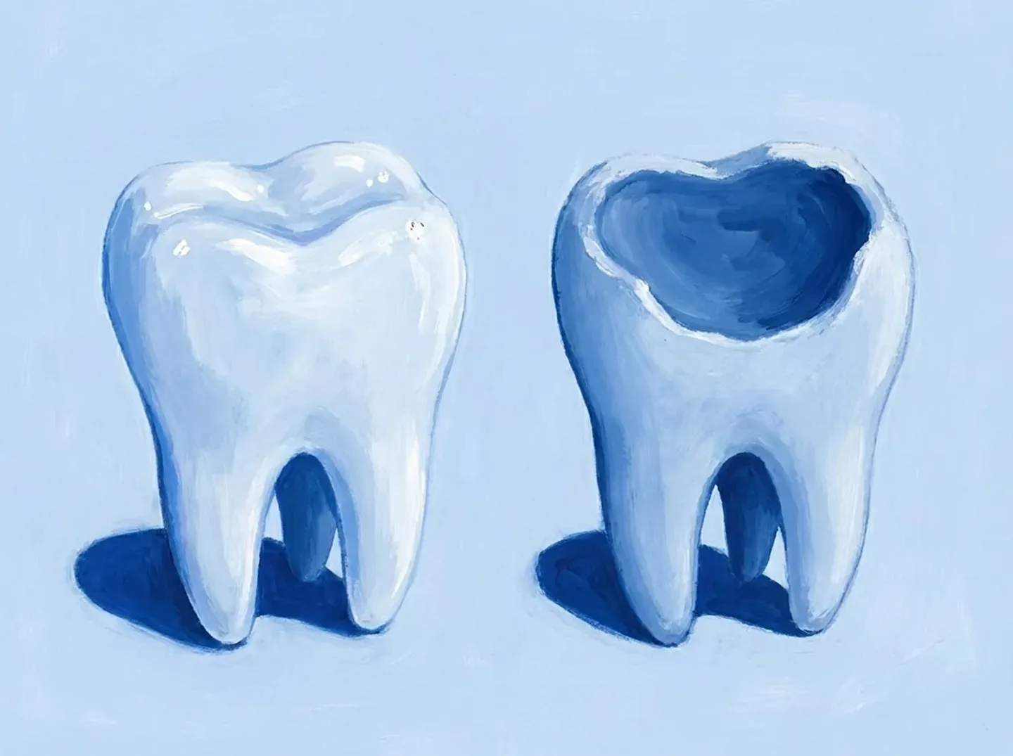 Dos dientes: el de la derecha tiene toda la cara ahuecada y sin brillo
