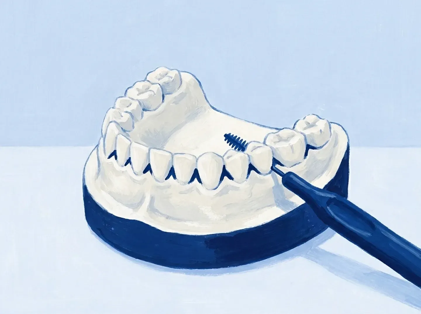 Un cepillo interdental entrando en el hueco entre dos dientes de un modelo
