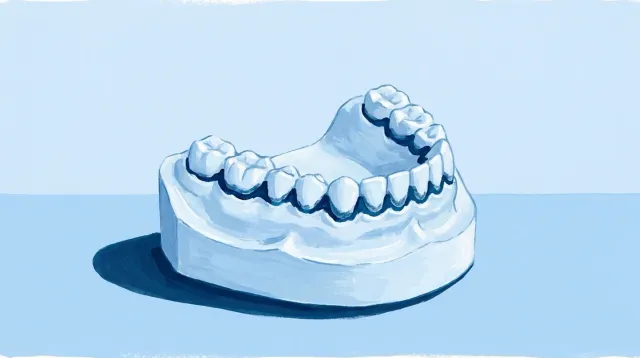 Un modelo de dientes de leche con una banda de placa a lo largo del borde de la encía