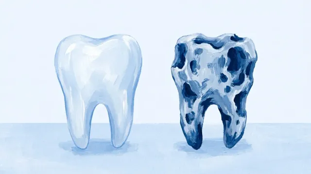 Dos dientes: el de la derecha tiene el esmalte irregular, con zonas finas y rugosas