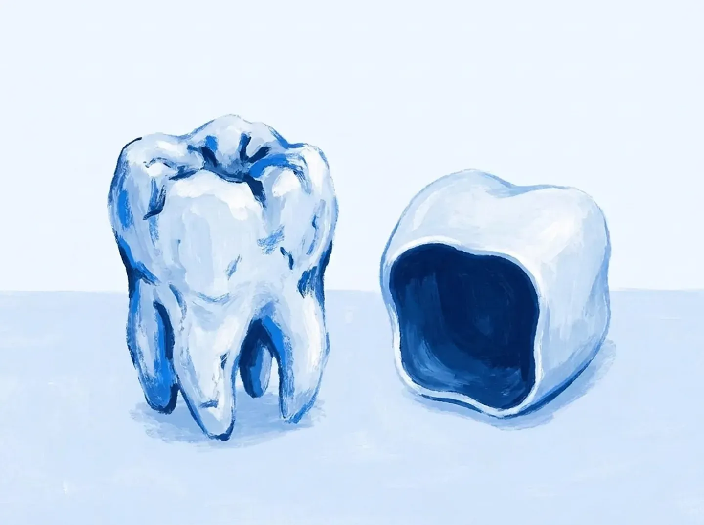 Un diente con el esmalte irregular y, al lado, la funda que lo va a cubrir
