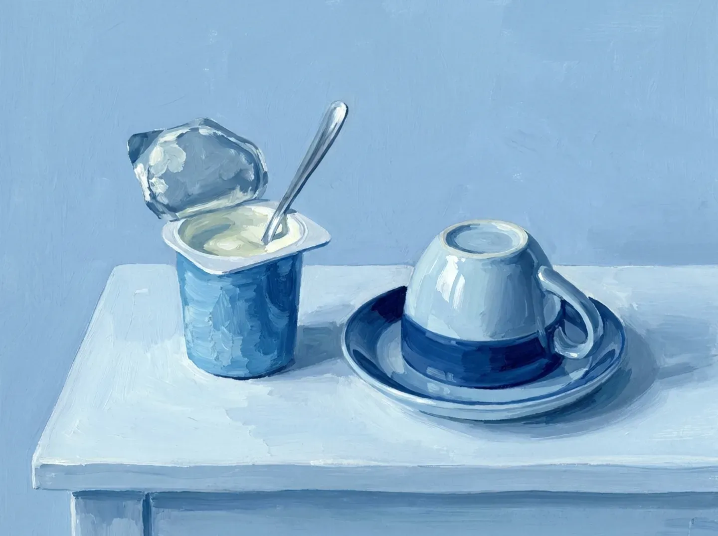 Un vaso de yogur y una cuchara junto a una taza puesta boca abajo