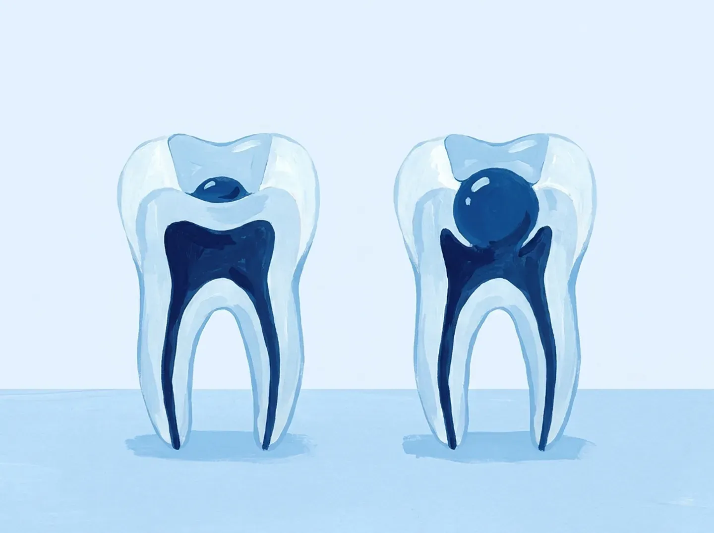 Dos dientes iguales: en el segundo la burbuja se ha expandido y empuja hacia el interior