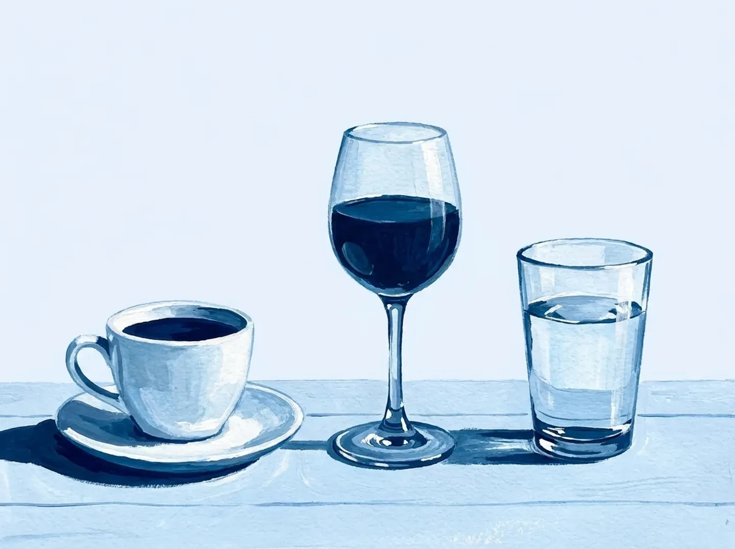 Una taza, una copa y un vaso de agua alineados sobre la mesa