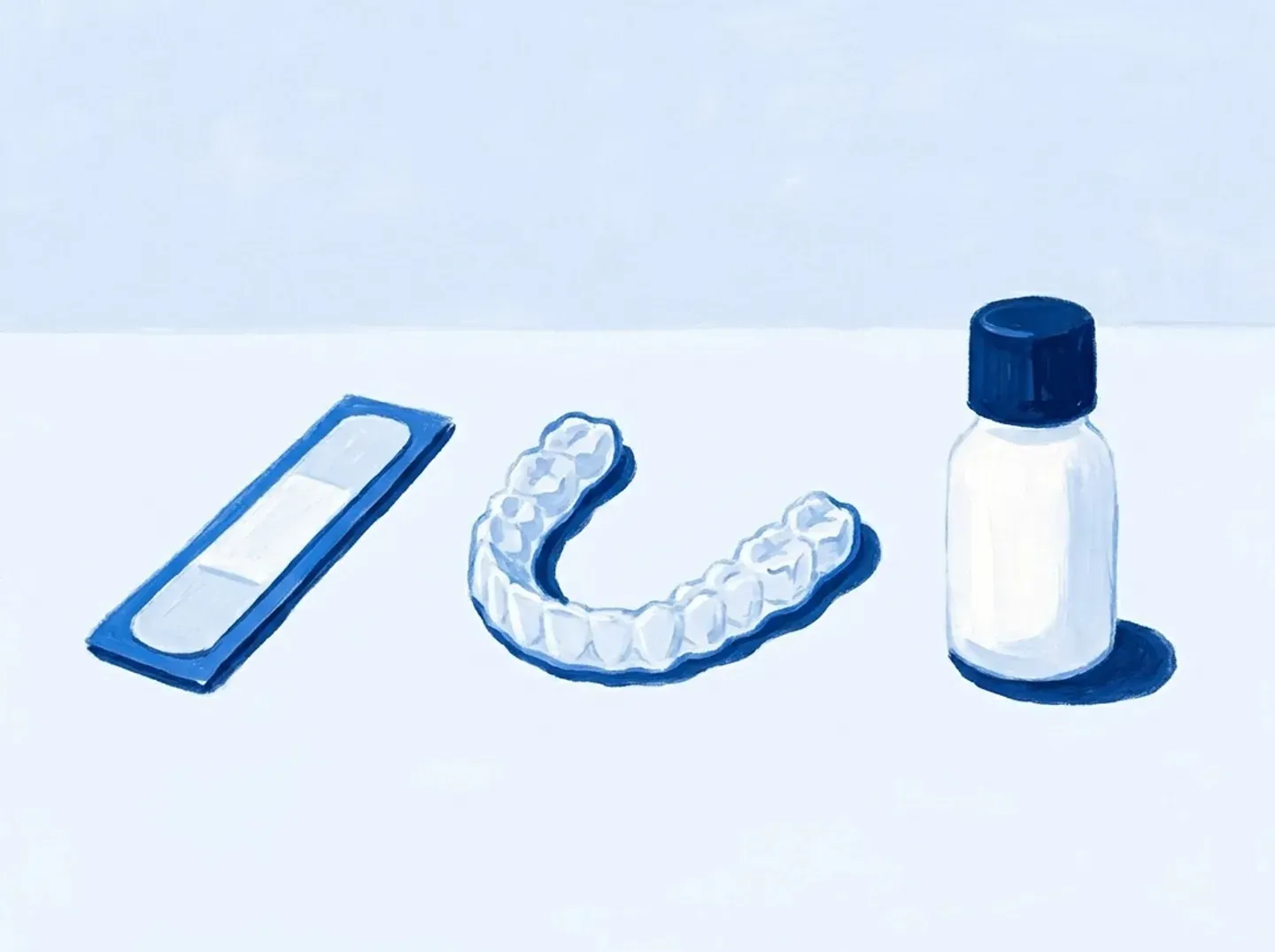 Una tira de farmacia, una férula a medida y un bote de gel de clínica, en fila