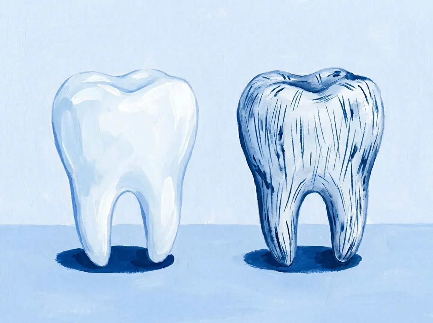 Dos dientes iguales: el liso limpio y el rayado con las rayas llenas de pigmento