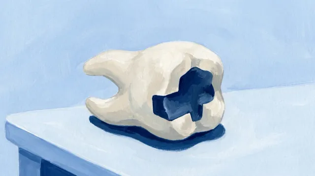 Un molar con un empaste que sobresale del borde y deja un escalón vivo
