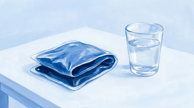Una bolsa de frío doblada sobre la mesa, junto a un vaso de agua