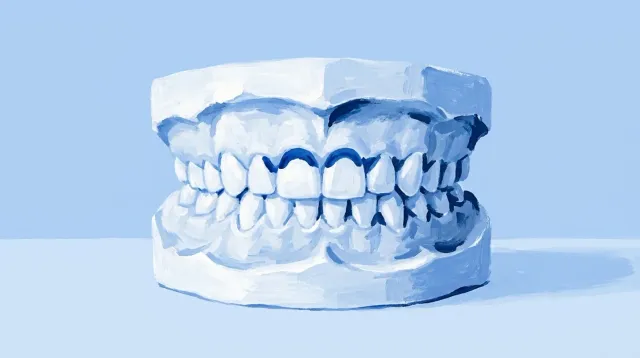 Un modelo de dientes de leche con caries en el cuello de los cuatro de delante