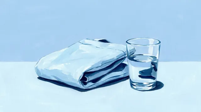 Una bolsa de calor doblada sobre la mesa junto a un vaso de agua