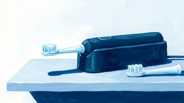 Un cepillo eléctrico en su base de carga con dos cabezales al lado