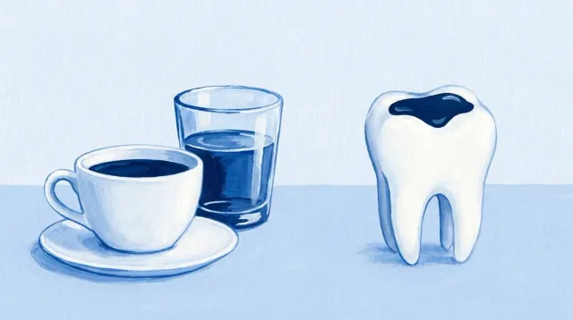 Un molar recién empastado y, apartados a un lado, una taza y un vaso