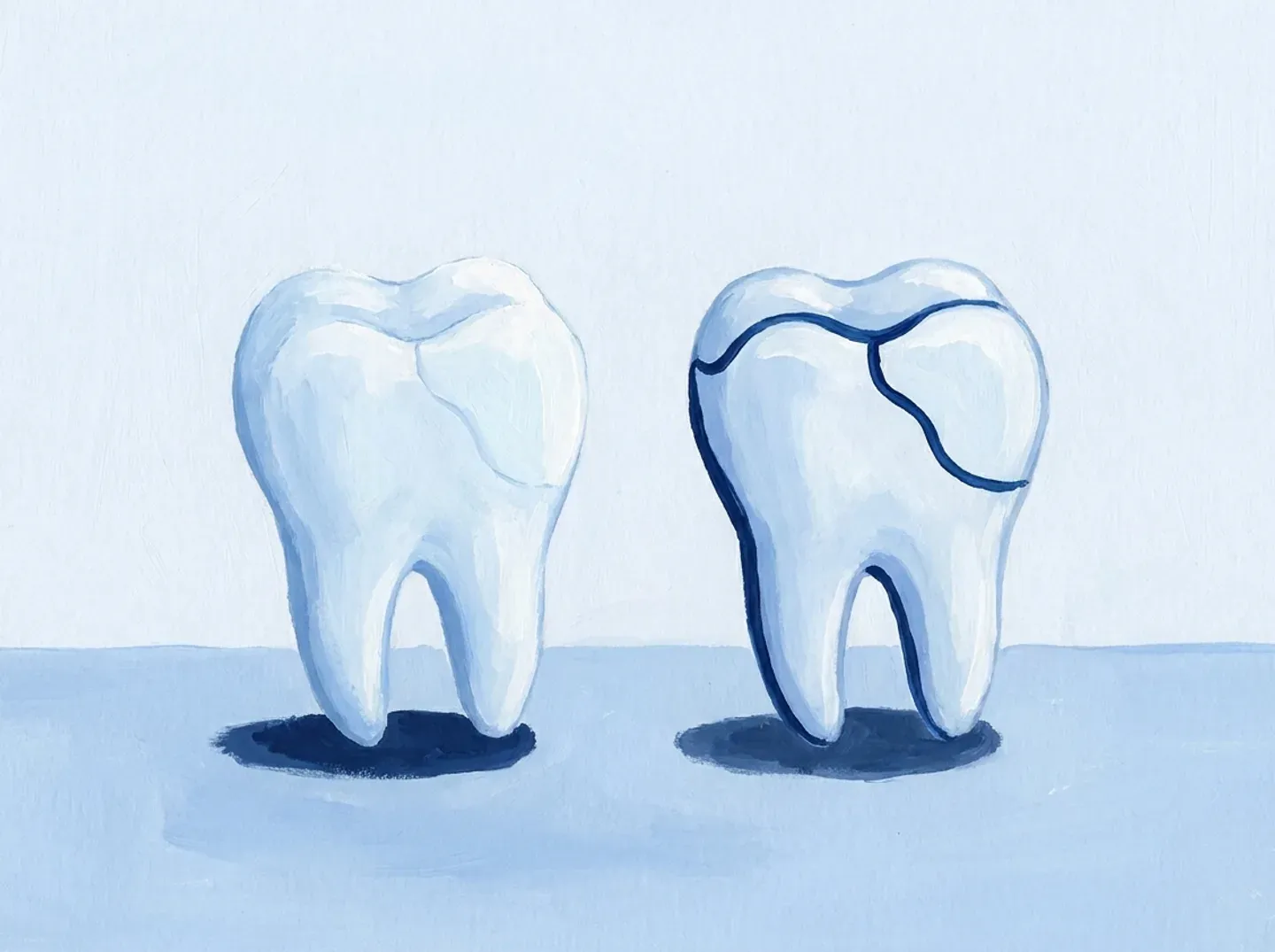 Dos dientes reconstruidos: en el de la derecha la línea del borde se ha teñido y se ve
