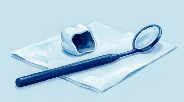 Una corona de cerámica sobre un paño, junto a un espejo dental