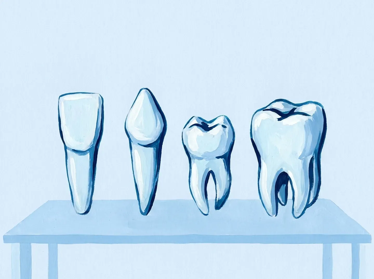 Cuatro dientes en fila: uno plano de borde recto, uno puntiagudo, uno con dos puntas y uno ancho