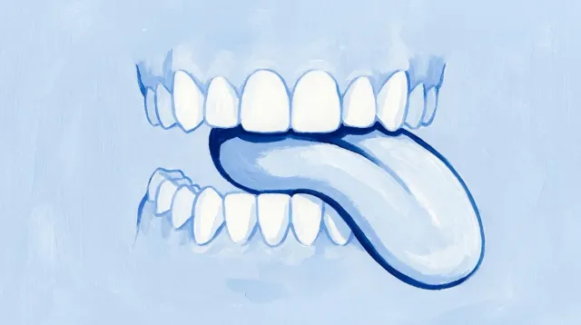 Un corte de perfil con la lengua empujando contra los dientes de delante