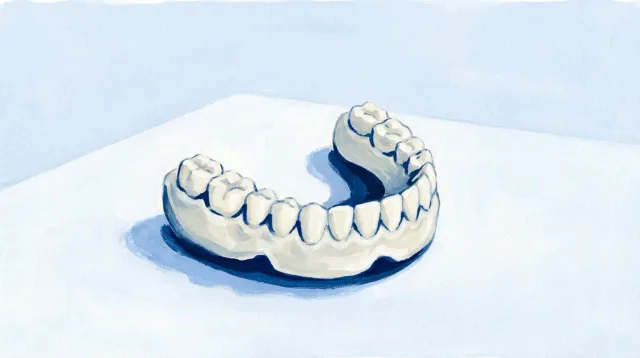 Una dentadura completa de quita y pon apoyada sobre la mesa