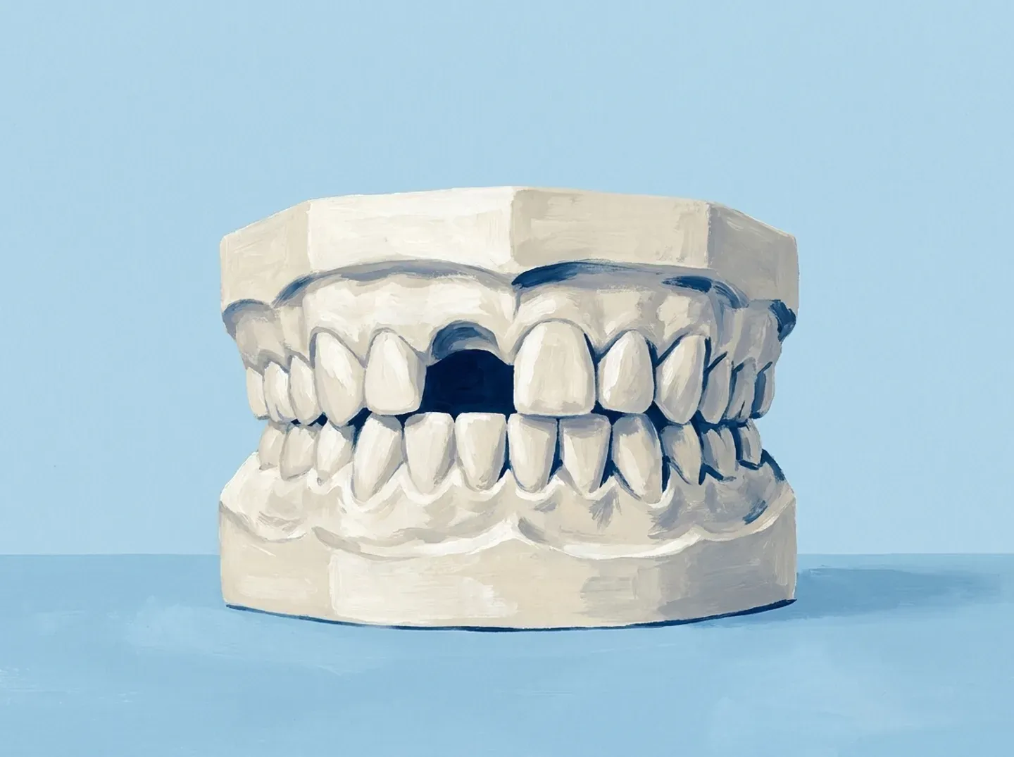 Una fila de dientes de un modelo, inclinados hacia el hueco de uno que falta