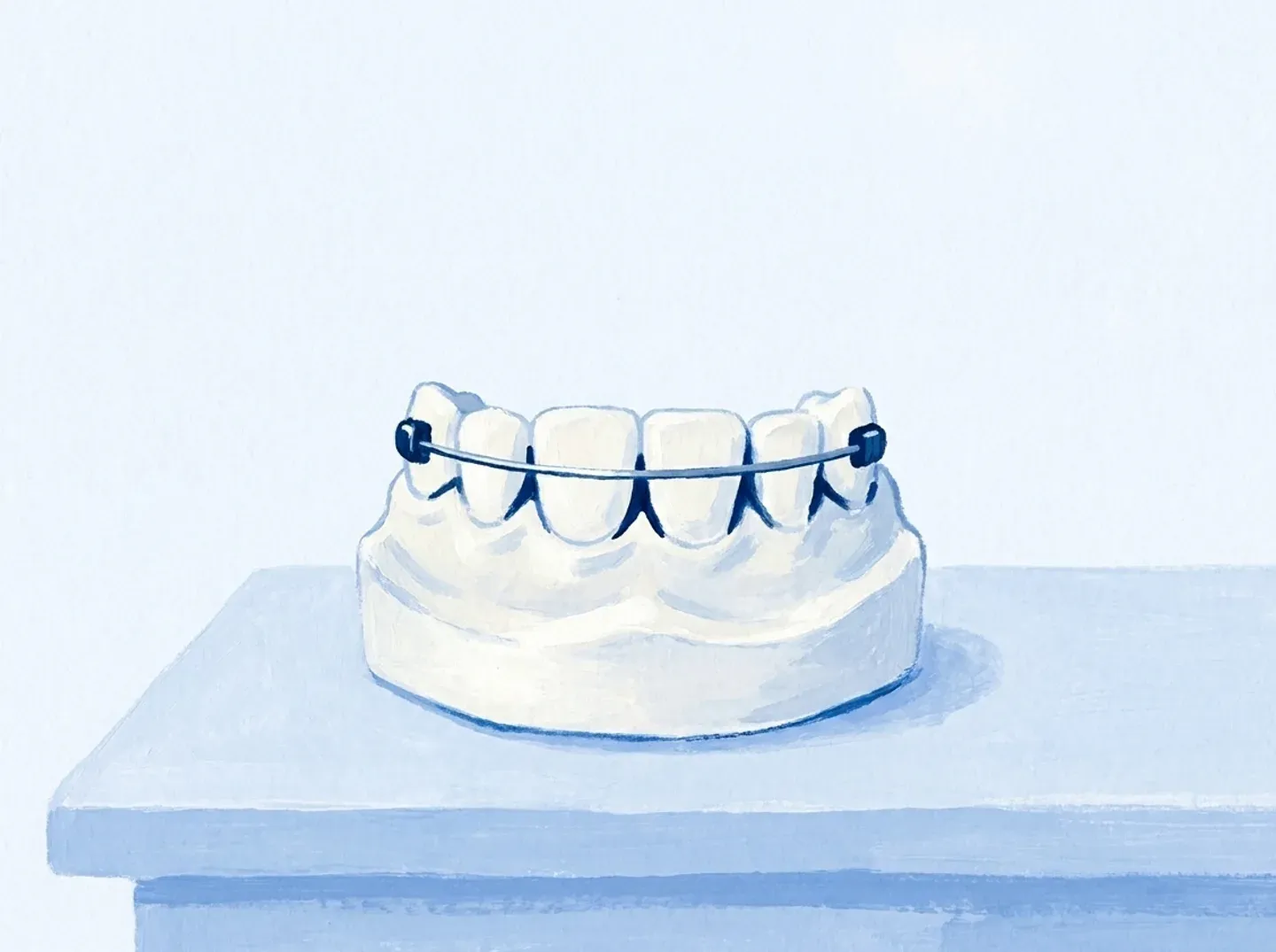 Cuatro dientes de un modelo unidos por detrás con un alambre fino pegado