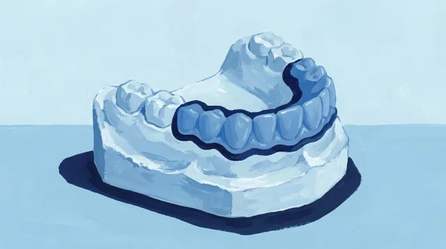 Un modelo de escayola con los dientes de delante modelados en cera por encima