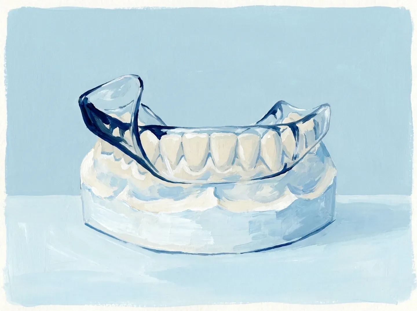 Una lámina provisional puesta sobre los dientes de un modelo, que se puede quitar entera