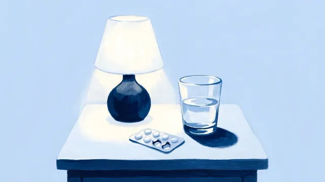 Un blíster, un vaso de agua y la lámpara encendida en la mesilla, de madrugada