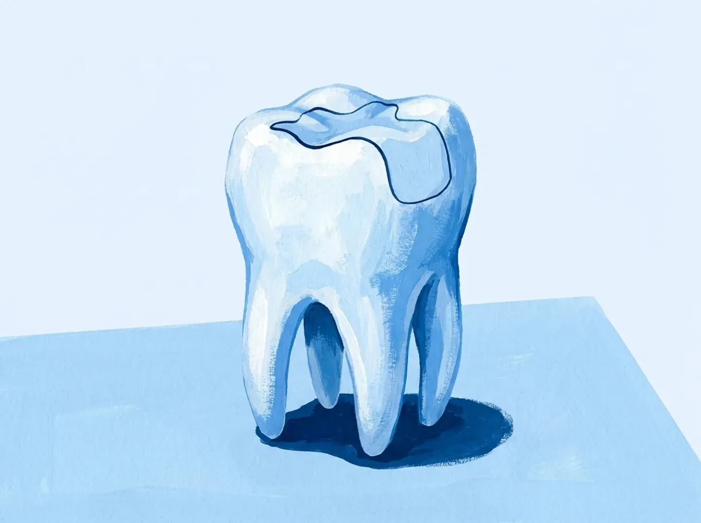 Un molar restaurado visto de cerca, con la línea de unión entre el empaste y el diente marcada