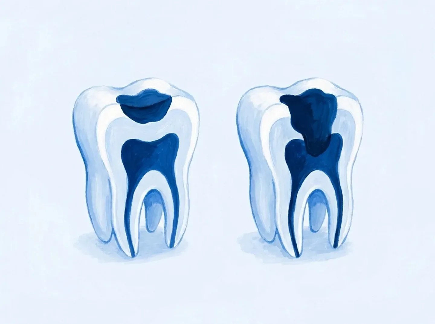 Dos molares iguales: en el primero la caries se queda arriba, en el segundo llega casi hasta el nervio