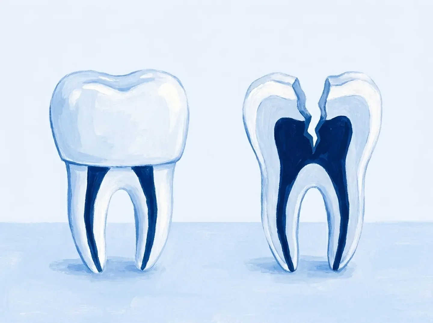 Dos muelas endodonciadas: la de la izquierda con una corona que la abraza y la de la derecha sin ella, con las paredes abiertas
