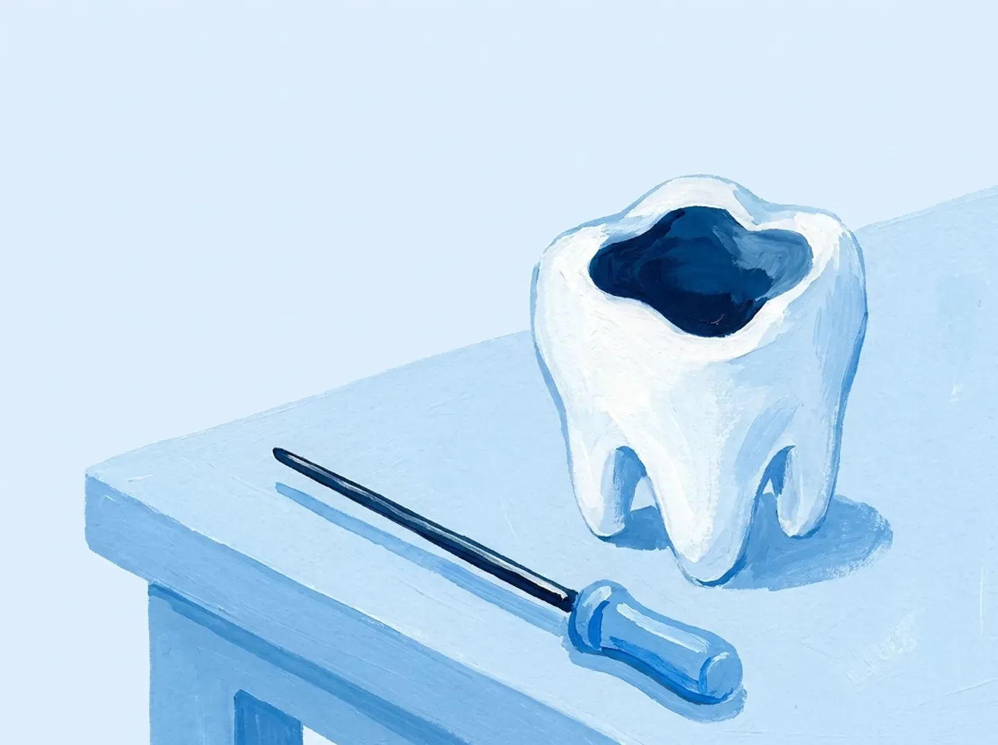 Una lima de endodoncia finísima apoyada junto a un molar de escayola abierto por arriba