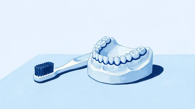 Un cepillo infantil junto a un modelo de dientes de leche con el borde de la encía marcado