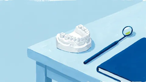 Un modelo de escayola de una arcada dental sobre una mesa, junto a un espejo dental y un cuaderno cerrado.