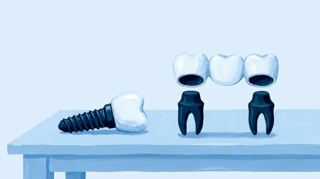 Un implante con su corona junto a un puente de tres piezas apoyado en dos dientes tallados