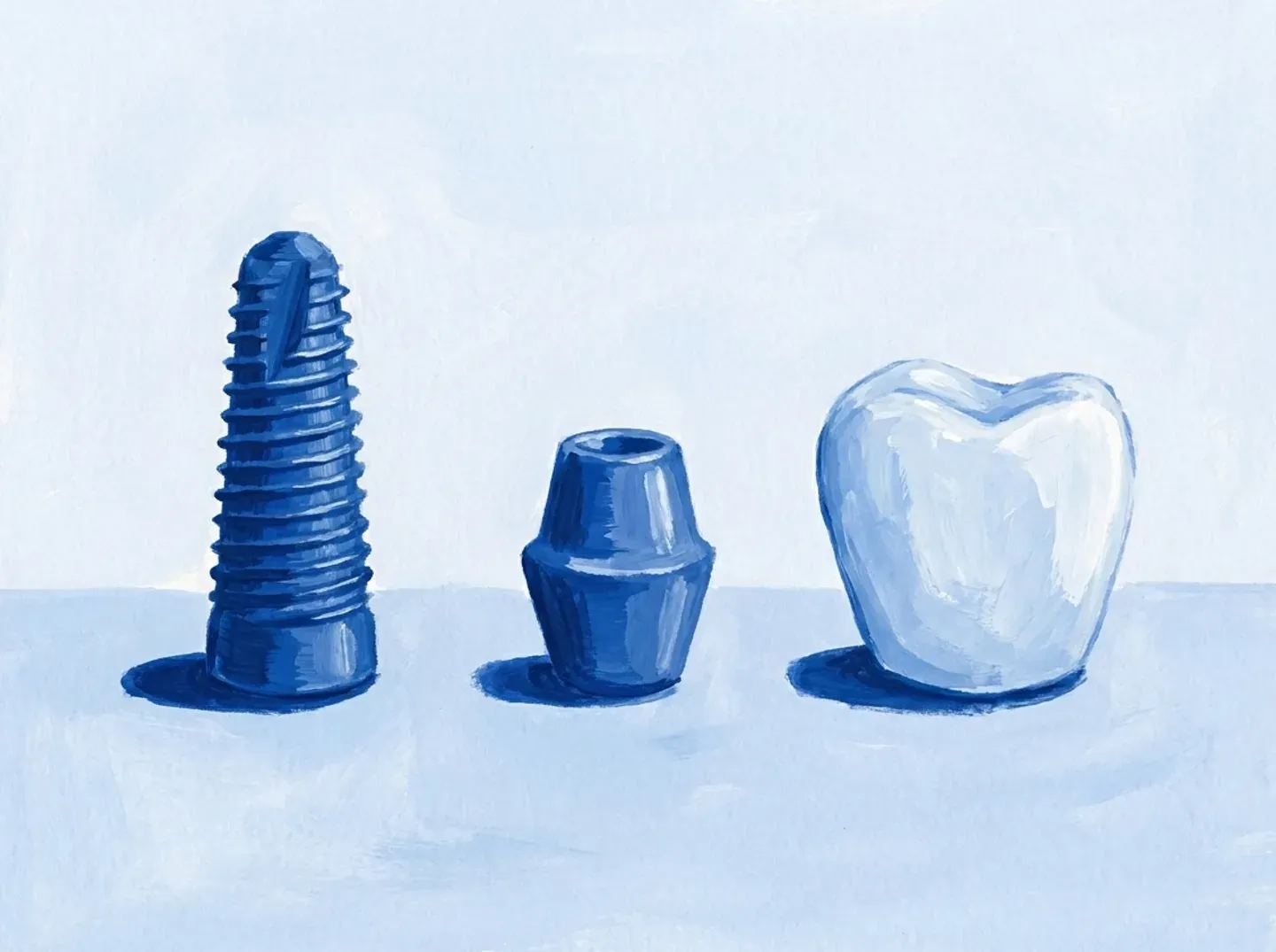 Las tres piezas separadas sobre la mesa: implante, pilar y corona