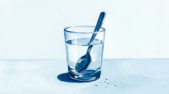 Un vaso de agua templada con sal y una cucharilla, sobre la encimera