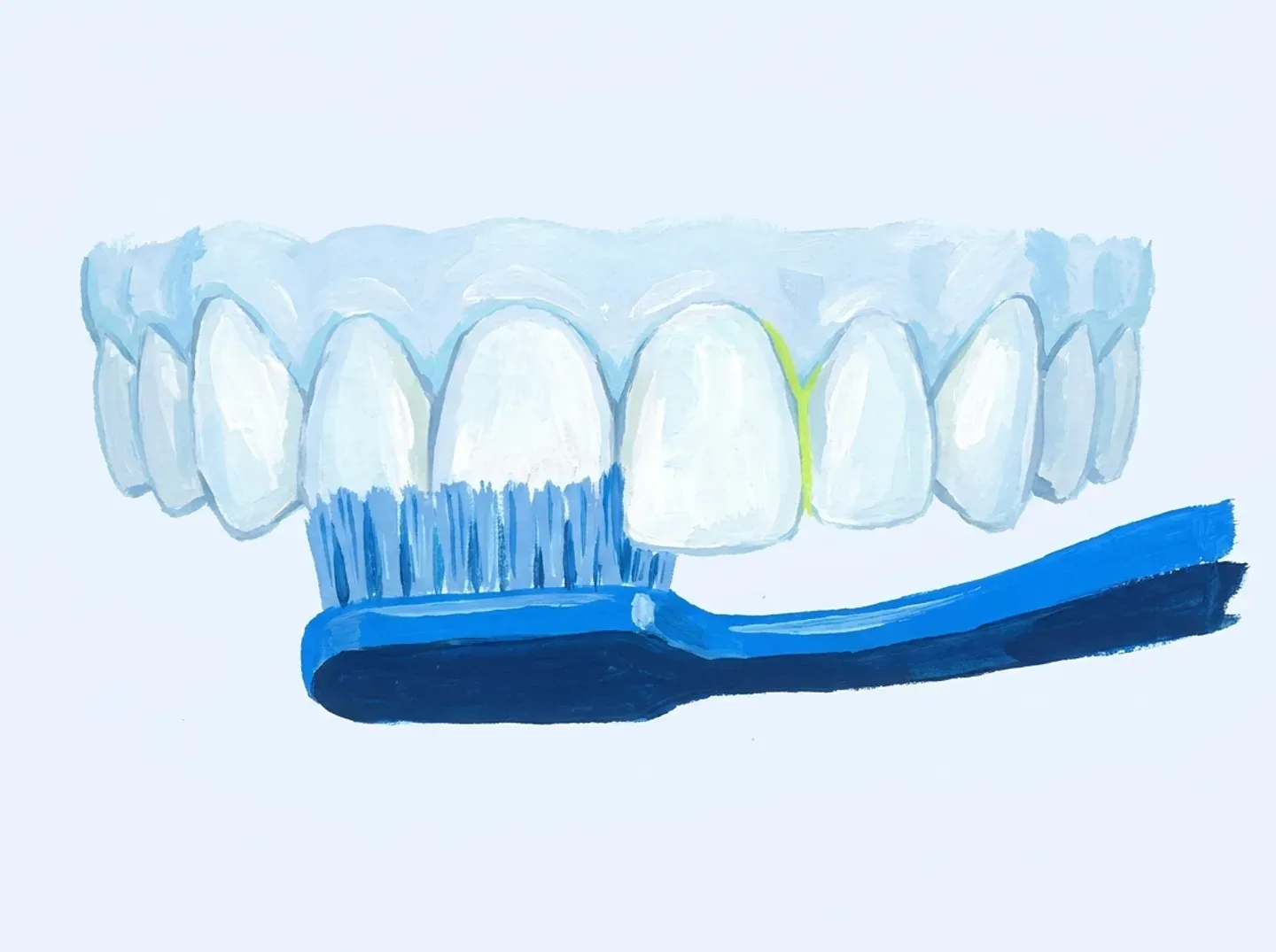 Un cepillo de dientes pasando por delante de una fila de dientes, sin entrar entre ellos