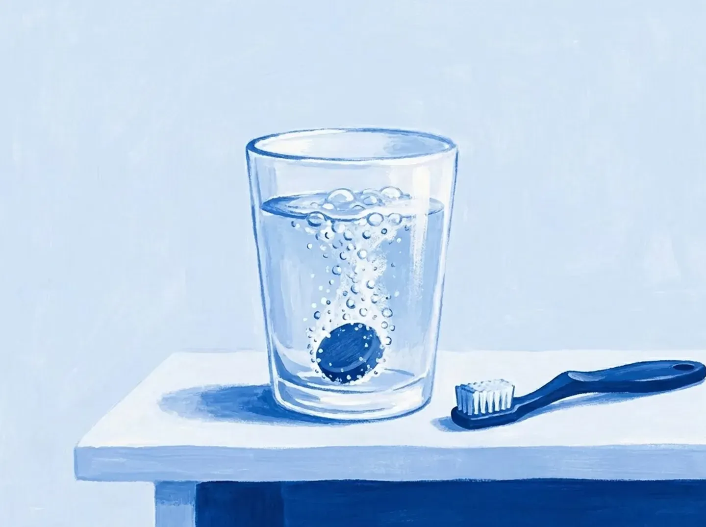 Un vaso con una pastilla soltando burbujas y el cepillo de prótesis al lado