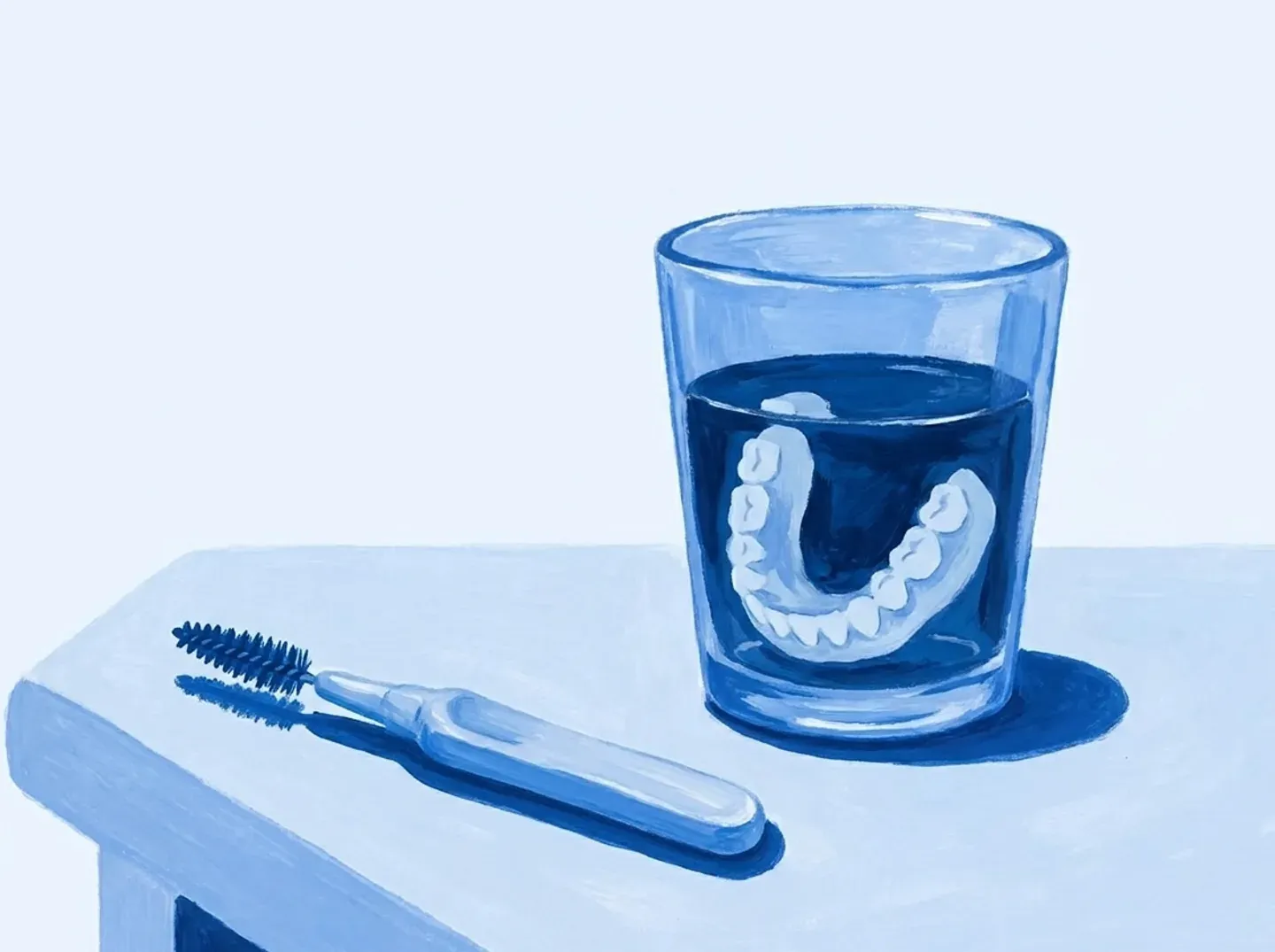 Un cepillo interdental y una prótesis dentro de su vaso, sobre la mesa