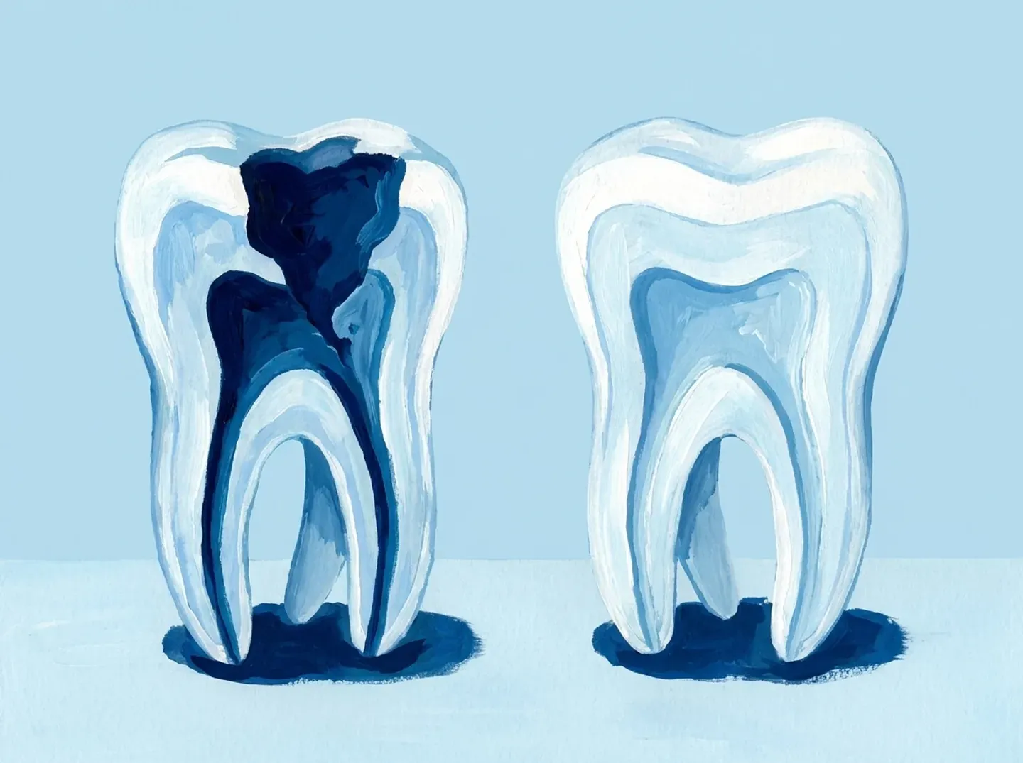 Dos muelas cortadas: la de la izquierda con una caries profunda y la de la derecha impecable