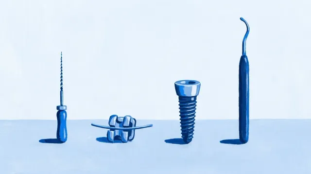 Cuatro objetos alineados: una lima de endodoncia, un bracket, un implante y una cureta