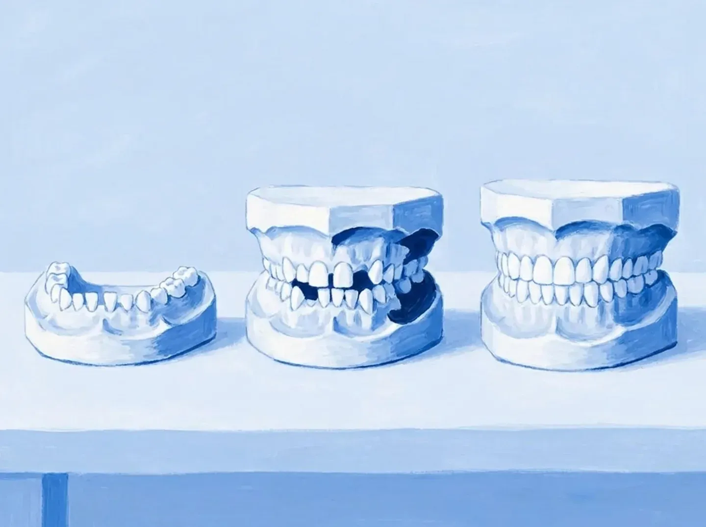 Tres modelos en fila: solo dientes de leche, mezcla de leche y definitivos, y ya todos definitivos