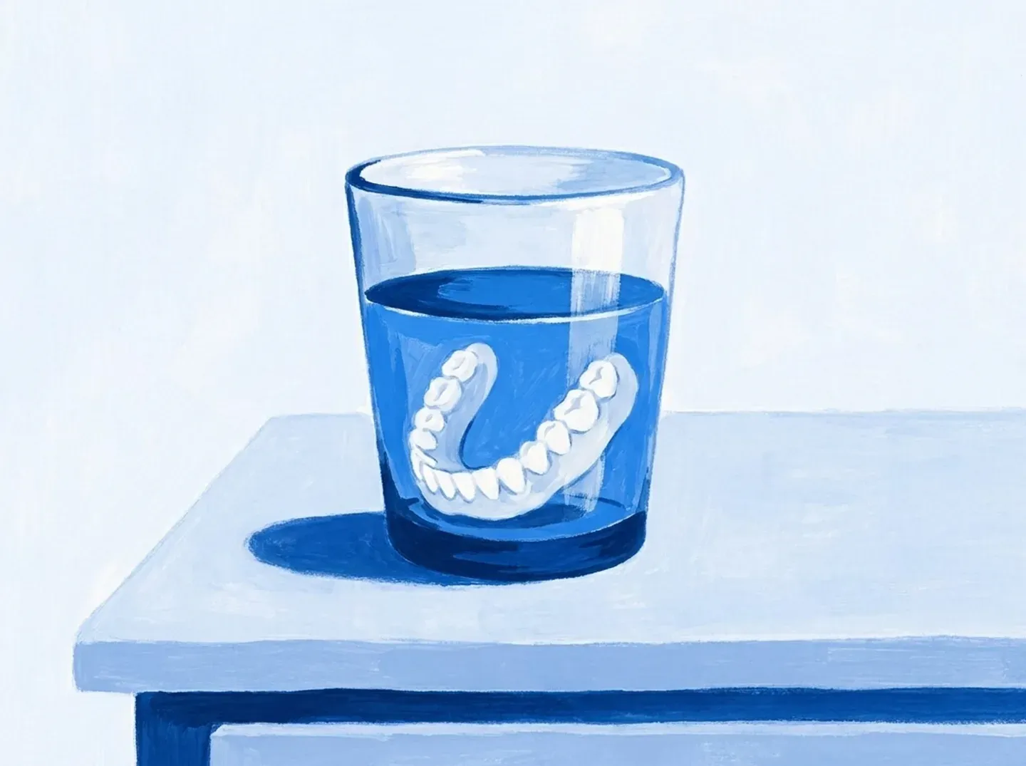 Una prótesis removible dentro de un vaso con agua, sobre la mesilla