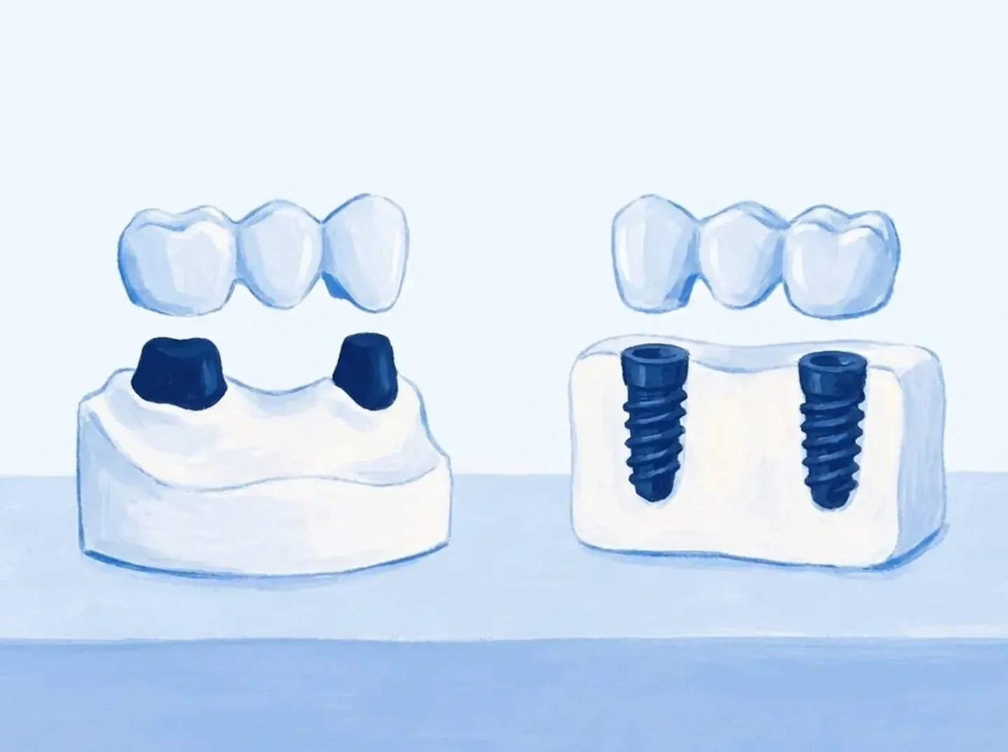 Dos puentes iguales: uno encaja sobre dientes tallados y el otro sobre dos implantes