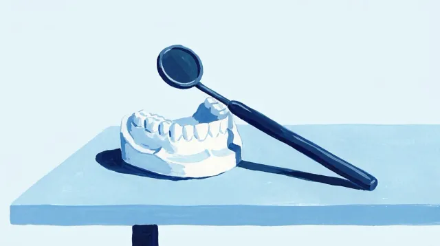 Un modelo de arcada y un espejo dental sobre la mesa, listos para la valoración