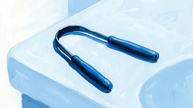 Un raspador de lengua de metal apoyado en la repisa del lavabo