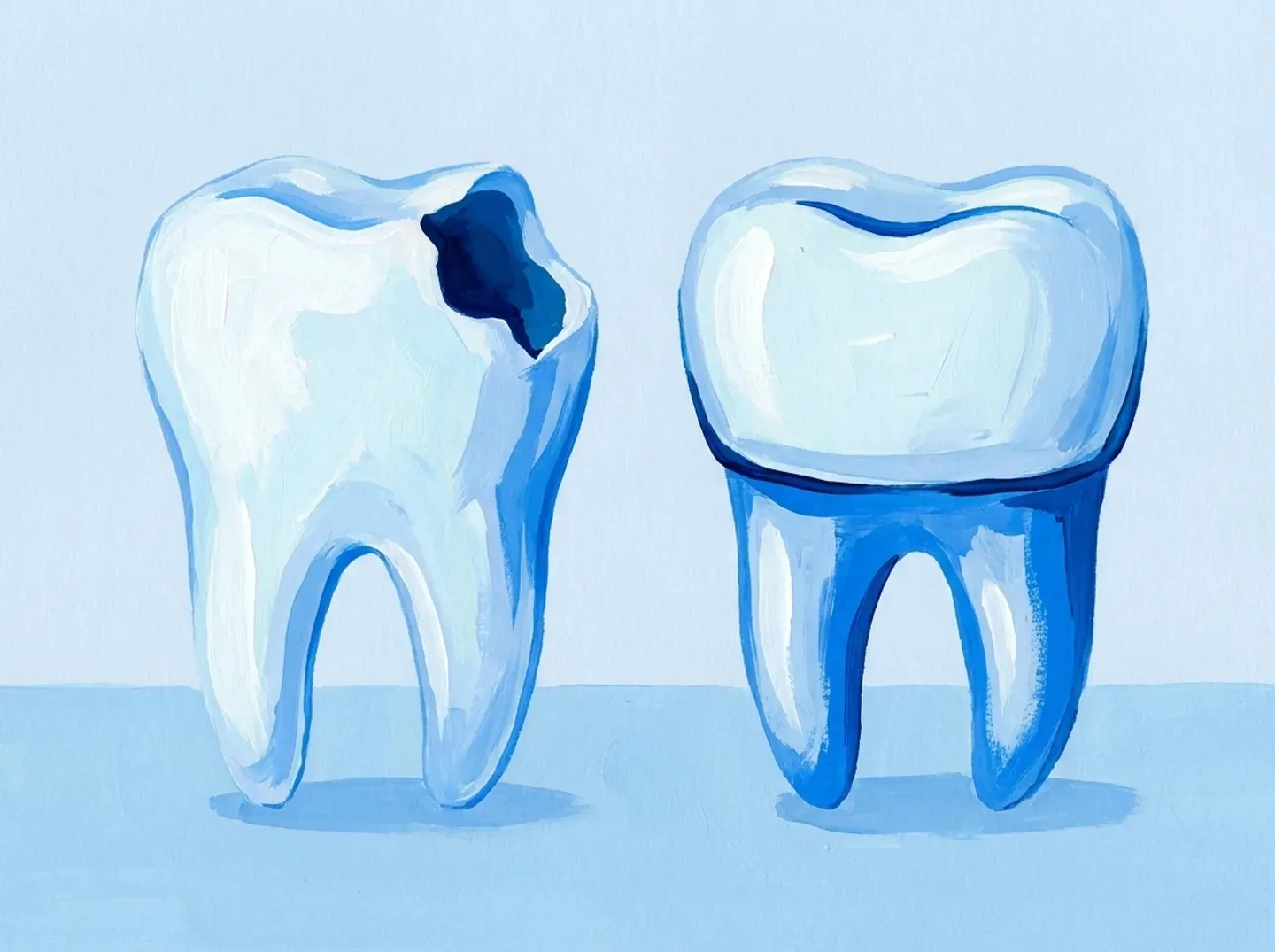 Dos dientes: al primero solo le falta una esquina, al segundo casi toda la corona y lleva una funda encima