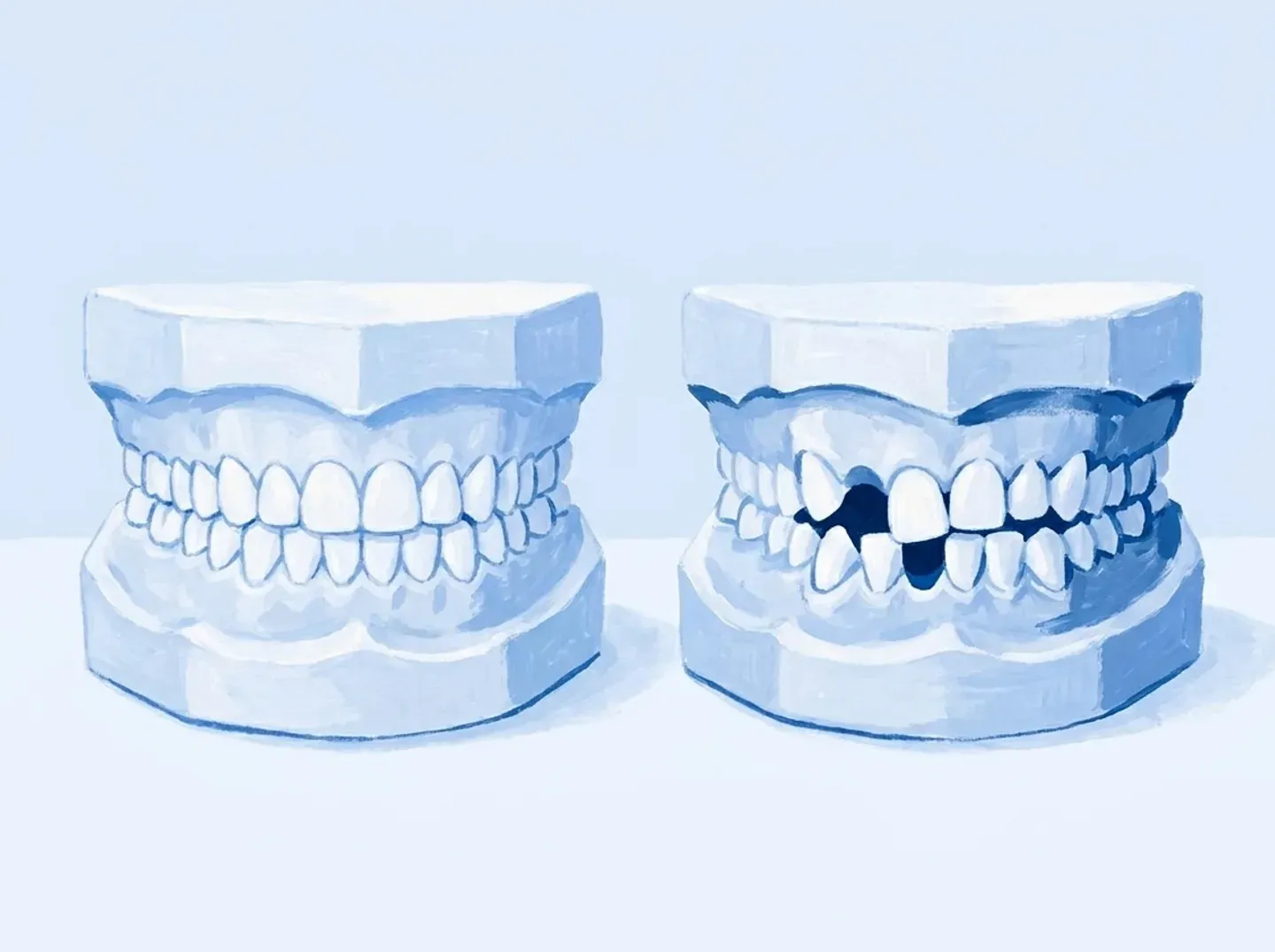 Dos modelos iguales: en el primero los dientes de delante están alineados y en el segundo uno se ha girado
