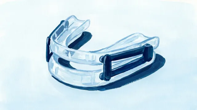 Una férula de avance mandibular de dos piezas, con sus bielas laterales
