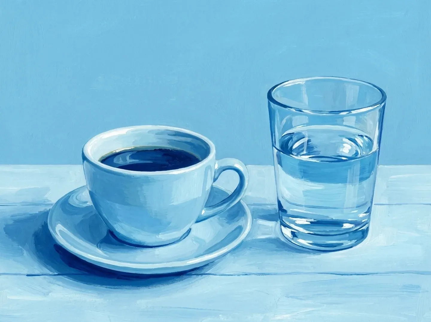 Una taza de café a medio tomar y un vaso de agua, con la luz de primera hora