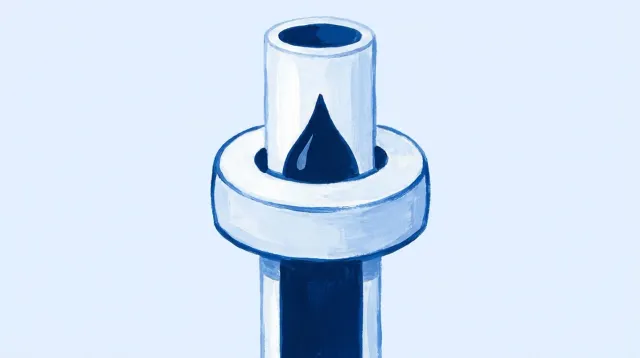 Un conducto vertical con un anillo entreabierto arriba y una gota que sube por él